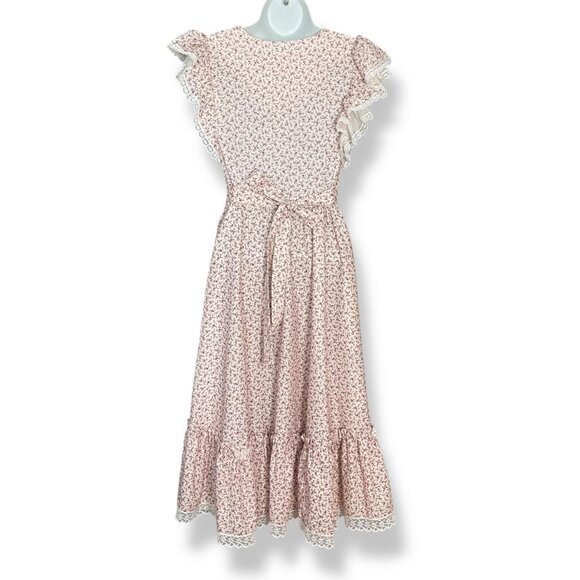 Gunne Sax Dress Prairie 70s Floral Lace Short Sleeve Pale Pink Retro Junior Midi - Picture 2 of 15